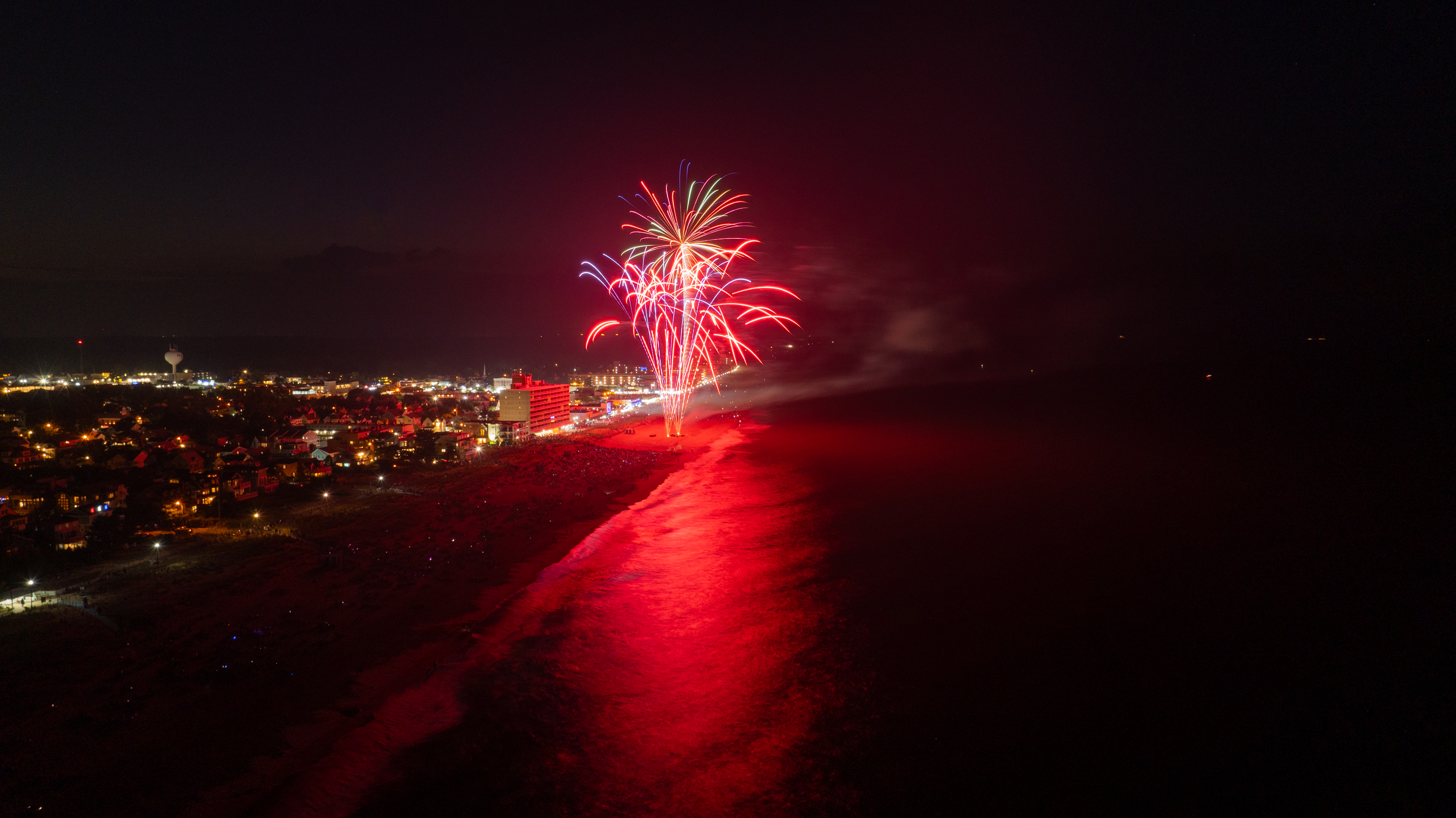 Aerial photo of fireworks over Rehoboth Beach