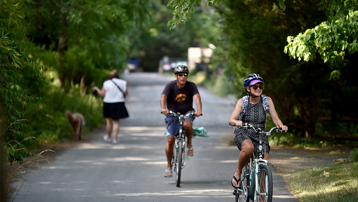 Two people ride bicycles on a tree-lined path. A person with a dog walks in the background.