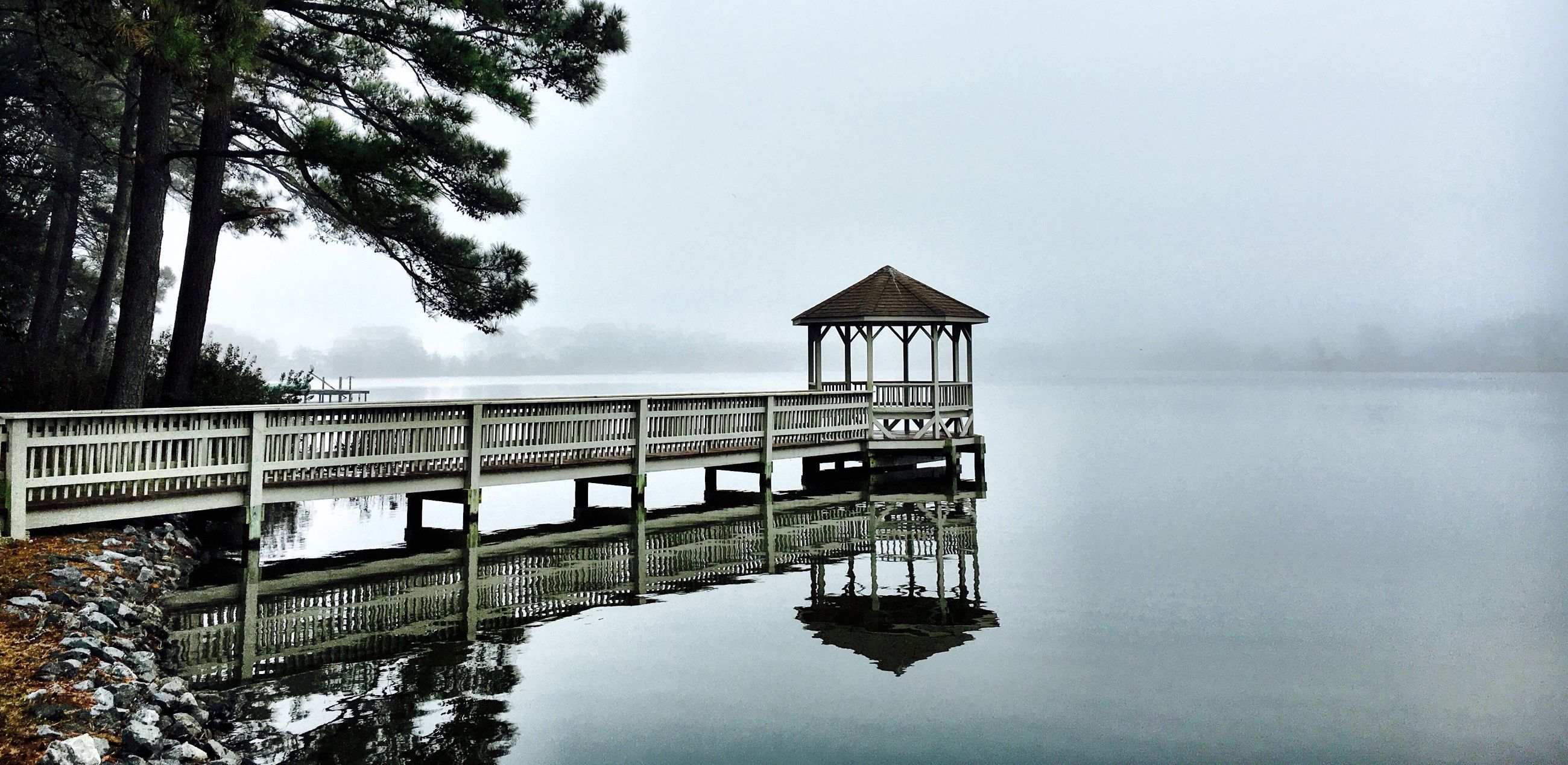 Foggy photo of gazebo on Silver Lake