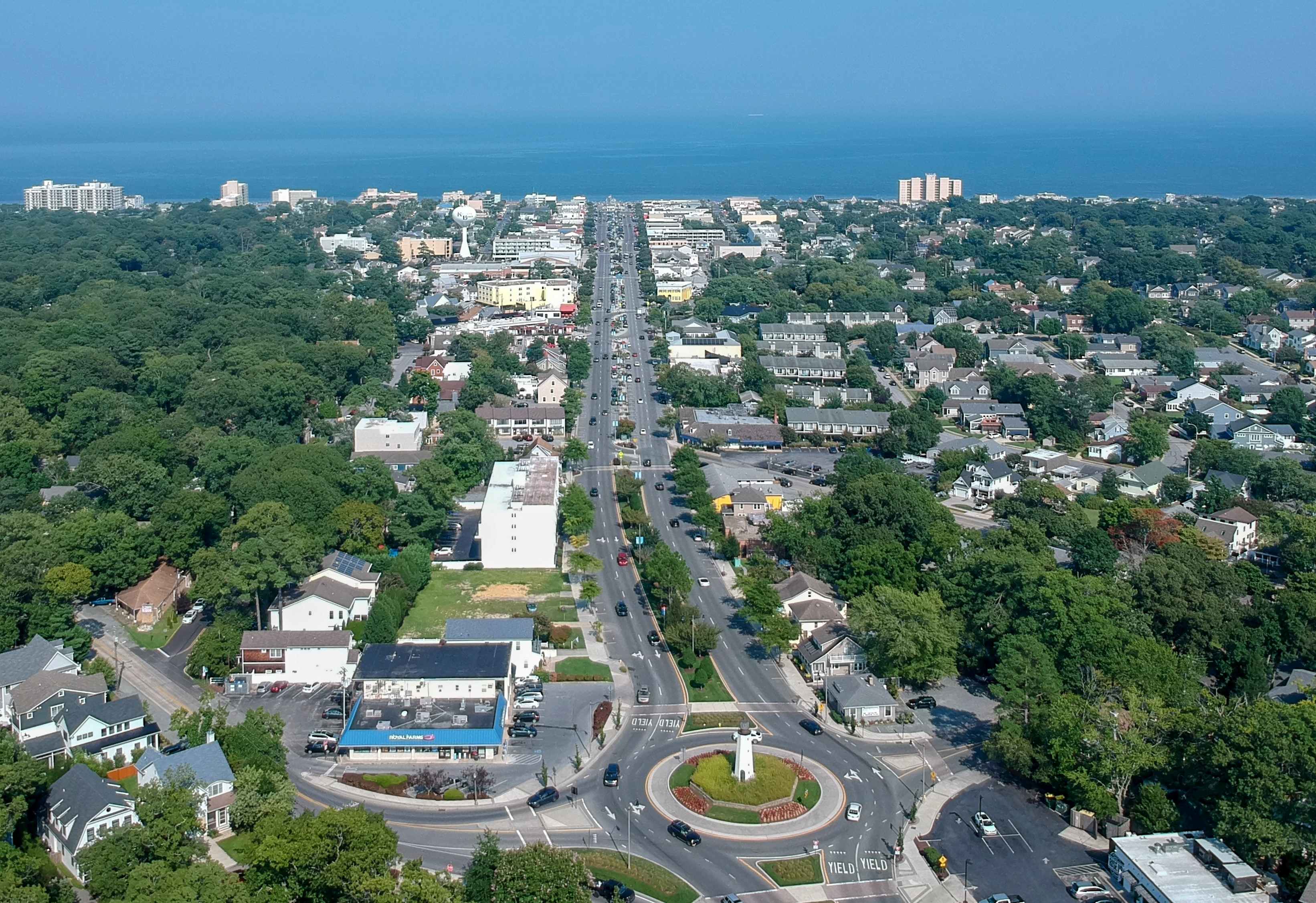 Aerial view of Rehoboth Avenue looking toward the ocean