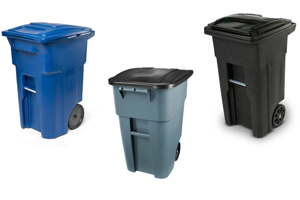 Three wheeled trash bins: a blue bin, a gray bin, and a black bin, each with a hinged lid and a handle for transportation.